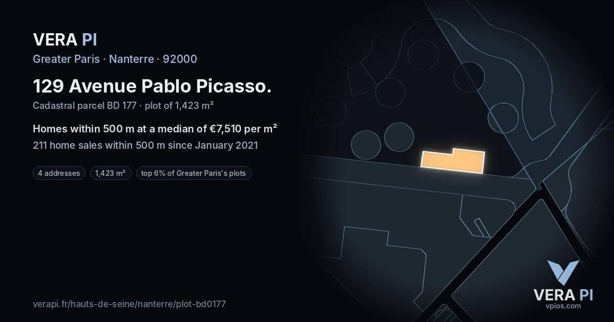 129 Avenue Pablo Picasso, Nanterre at night – the plot lit, the parcels around coloured by the prices near them