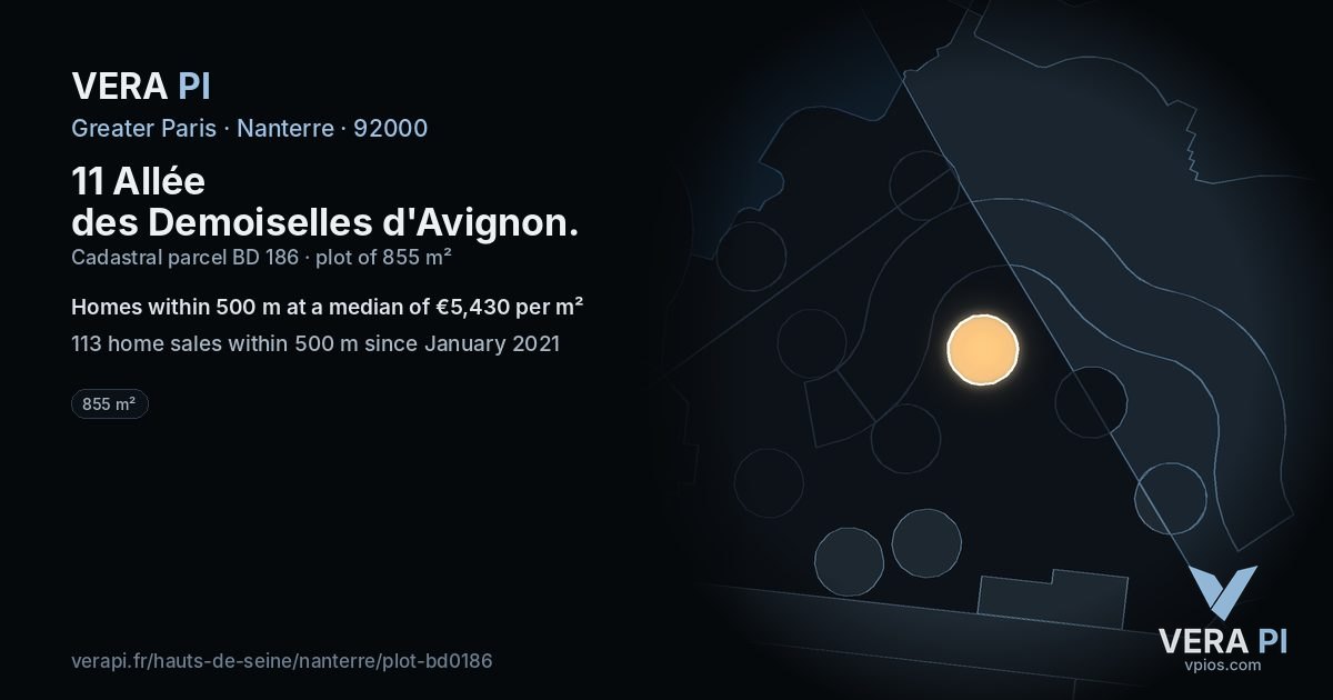 11 Allée des Demoiselles d'Avignon, Nanterre at night – the plot lit, the parcels around coloured by the prices near them