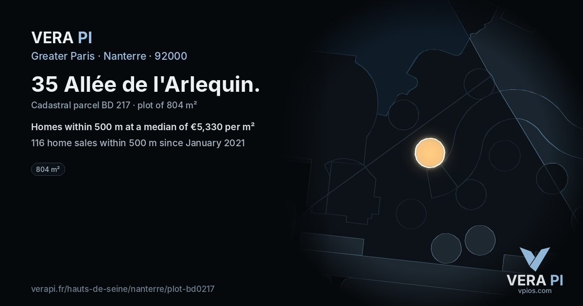 35 Allée de l'Arlequin, Nanterre at night – the plot lit, the parcels around coloured by the prices near them