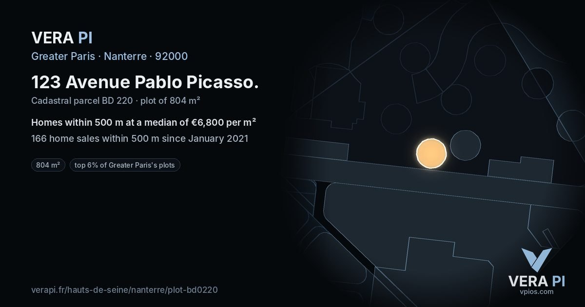 123 Avenue Pablo Picasso, Nanterre at night – the plot lit, the parcels around coloured by the prices near them