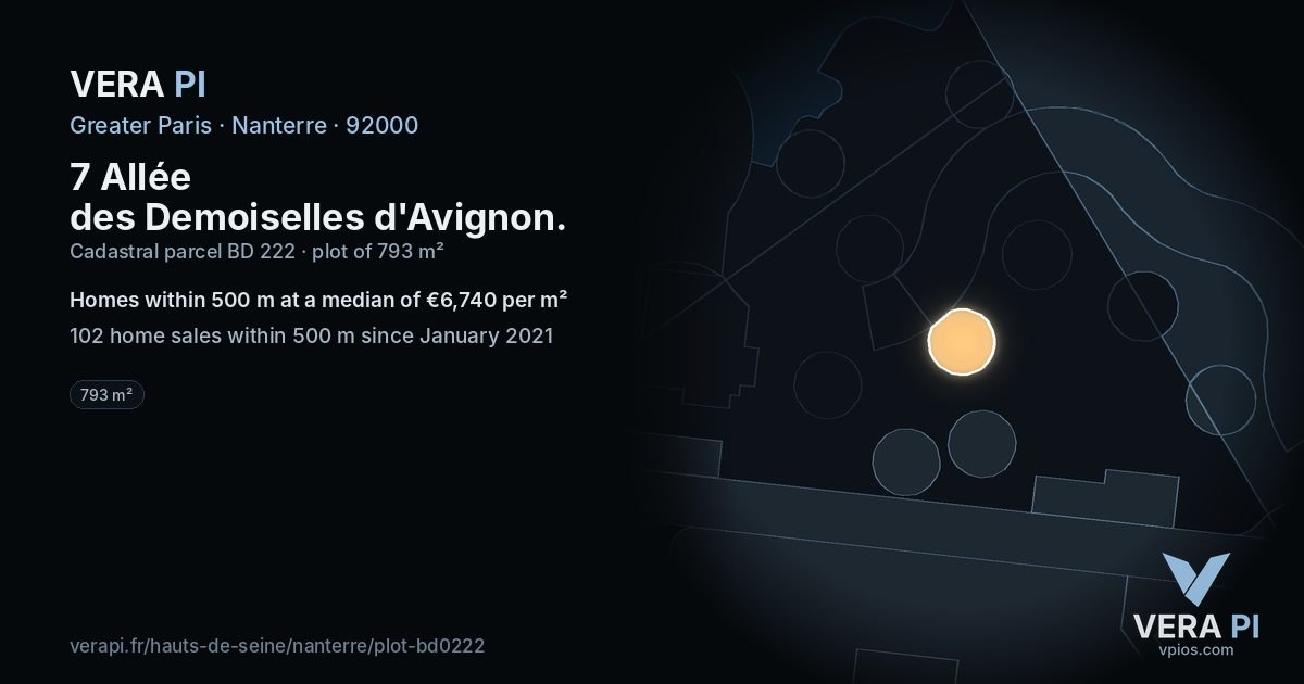 7 Allée des Demoiselles d'Avignon, Nanterre at night – the plot lit, the parcels around coloured by the prices near them
