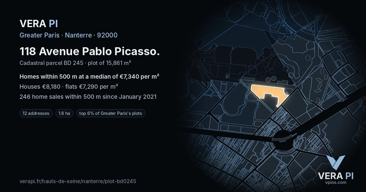 118 Avenue Pablo Picasso, Nanterre at night – the plot lit, the parcels around coloured by the prices near them