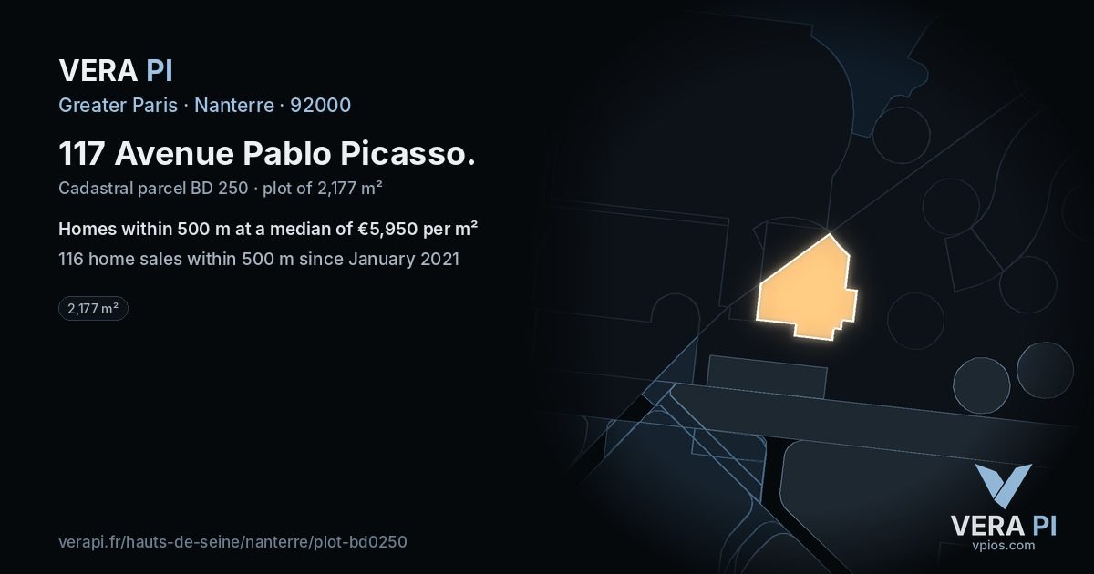 117 Avenue Pablo Picasso, Nanterre at night – the plot lit, the parcels around coloured by the prices near them