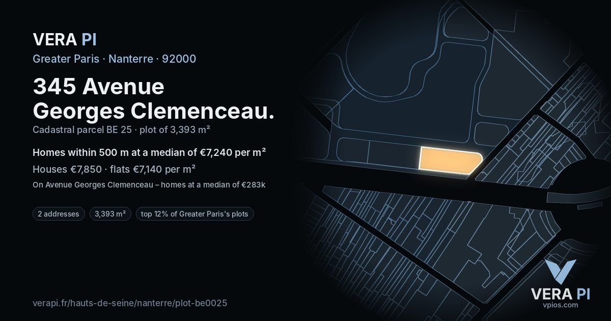 345 Avenue Georges Clemenceau, Nanterre at night – the plot lit, the parcels around coloured by the prices near them