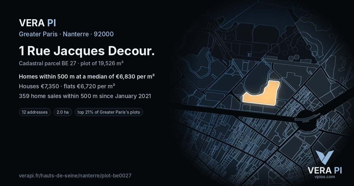 1 Rue Jacques Decour, Nanterre at night – the plot lit, the parcels around coloured by the prices near them