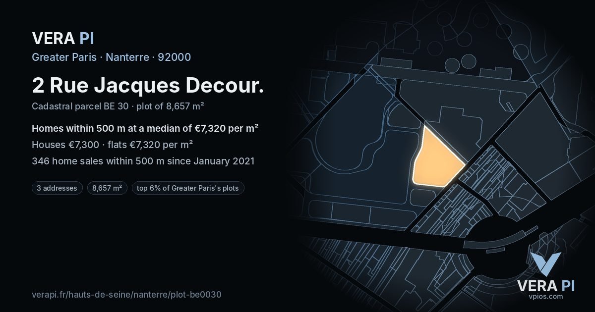 2 Rue Jacques Decour, Nanterre at night – the plot lit, the parcels around coloured by the prices near them