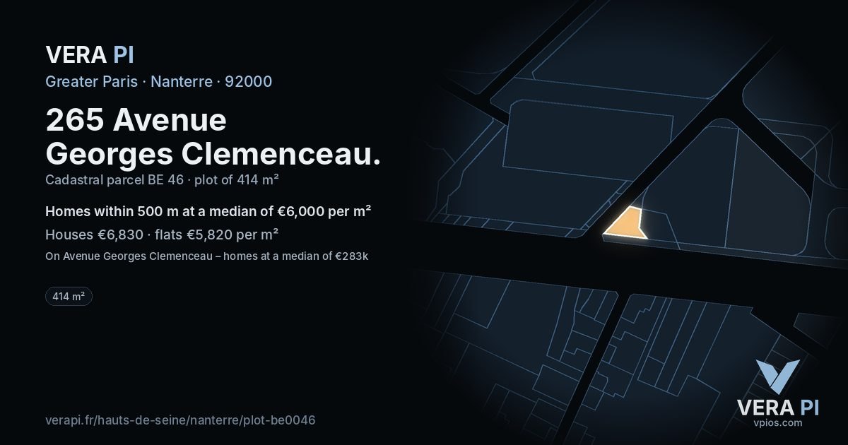 265 Avenue Georges Clemenceau, Nanterre at night – the plot lit, the parcels around coloured by the prices near them