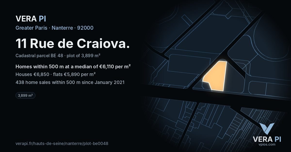 11 Rue de Craiova, Nanterre at night – the plot lit, the parcels around coloured by the prices near them