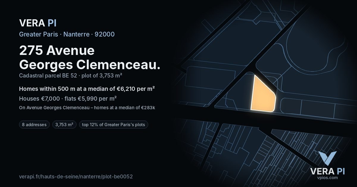 275 Avenue Georges Clemenceau, Nanterre at night – the plot lit, the parcels around coloured by the prices near them