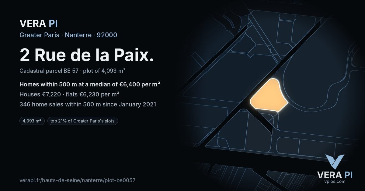 2 Rue de la Paix, Nanterre at night – the plot lit, the parcels around coloured by the prices near them