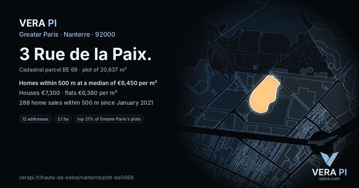 3 Rue de la Paix, Nanterre at night – the plot lit, the parcels around coloured by the prices near them