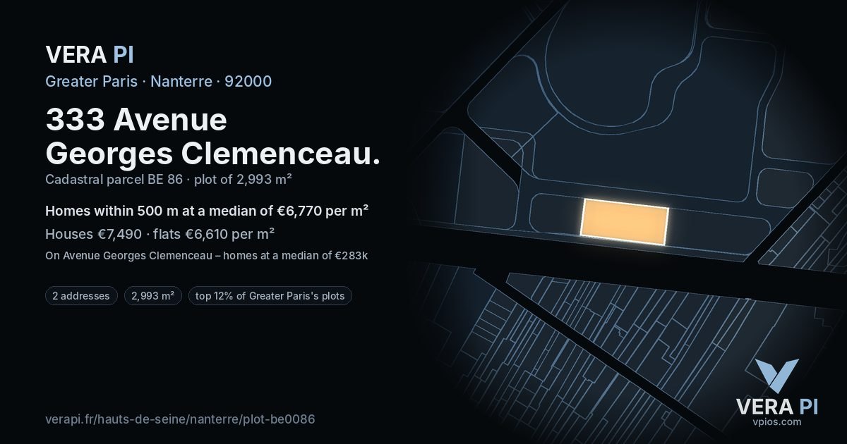 333 Avenue Georges Clemenceau, Nanterre at night – the plot lit, the parcels around coloured by the prices near them