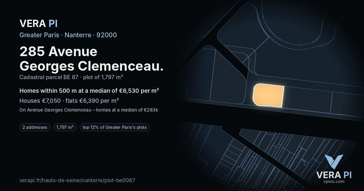 285 Avenue Georges Clemenceau, Nanterre at night – the plot lit, the parcels around coloured by the prices near them