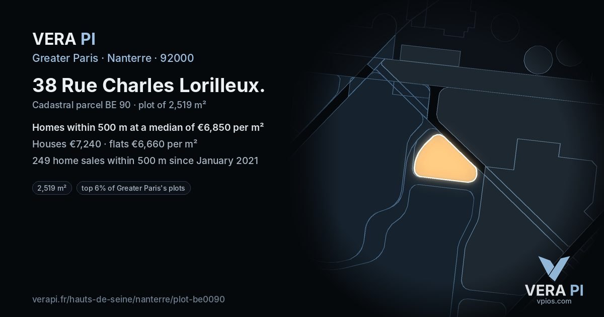 38 Rue Charles Lorilleux, Nanterre at night – the plot lit, the parcels around coloured by the prices near them