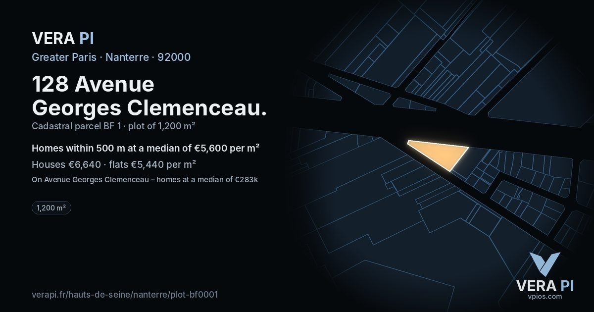 128 Avenue Georges Clemenceau, Nanterre at night – the plot lit, the parcels around coloured by the prices near them