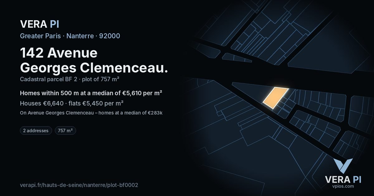 142 Avenue Georges Clemenceau, Nanterre at night – the plot lit, the parcels around coloured by the prices near them