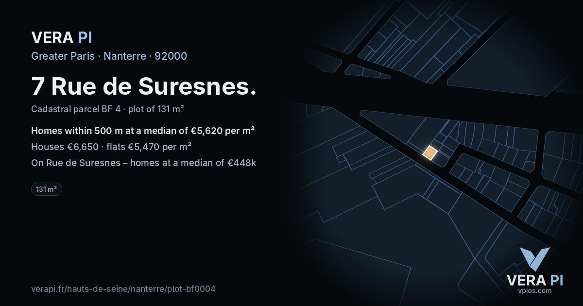 7 Rue de Suresnes, Nanterre at night – the plot lit, the parcels around coloured by the prices near them