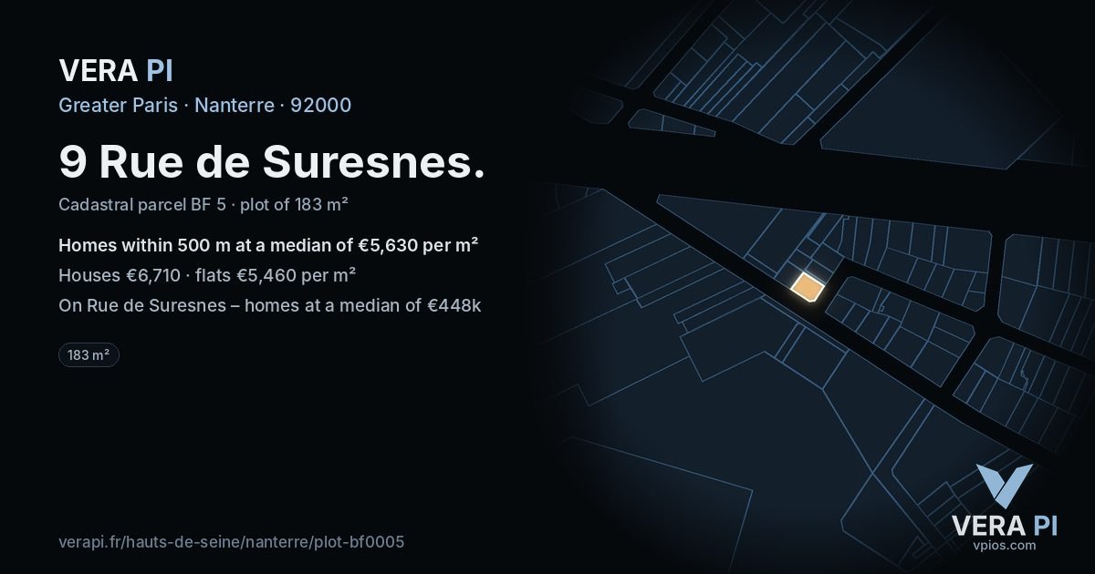 9 Rue de Suresnes, Nanterre at night – the plot lit, the parcels around coloured by the prices near them
