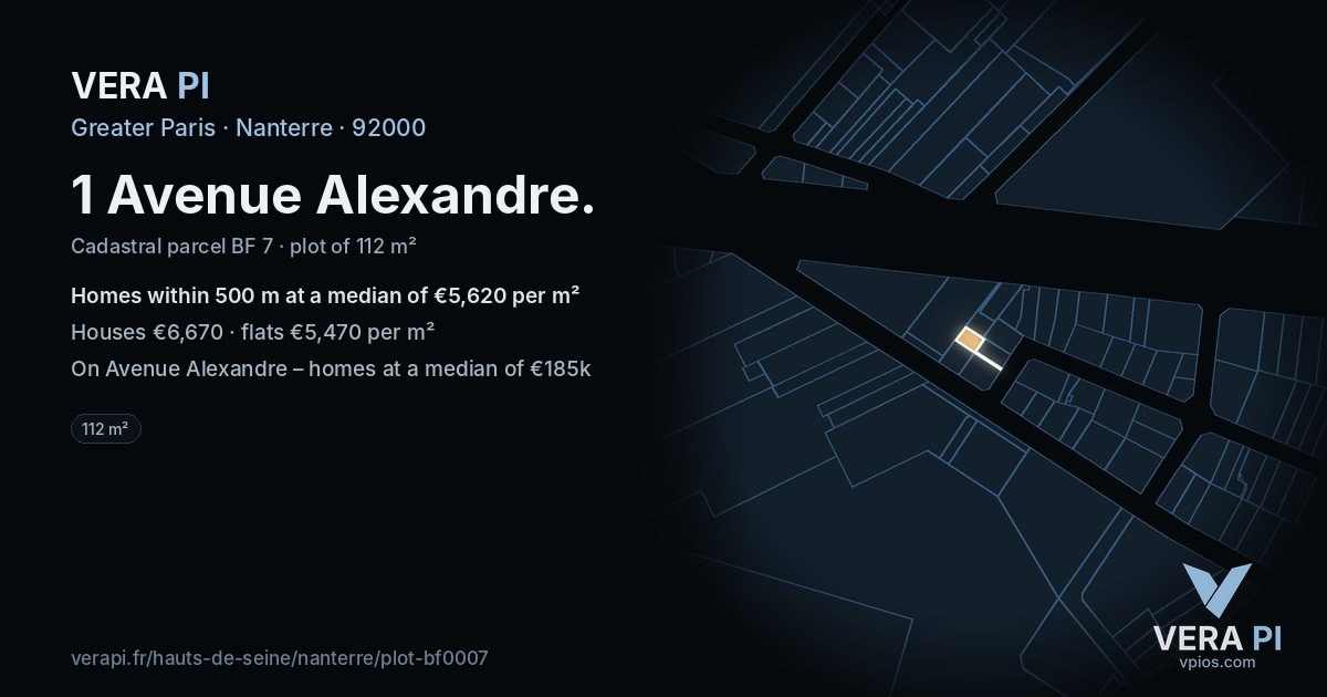 1 Avenue Alexandre, Nanterre at night – the plot lit, the parcels around coloured by the prices near them