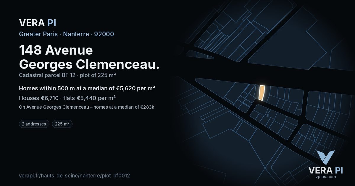 148 Avenue Georges Clemenceau, Nanterre at night – the plot lit, the parcels around coloured by the prices near them