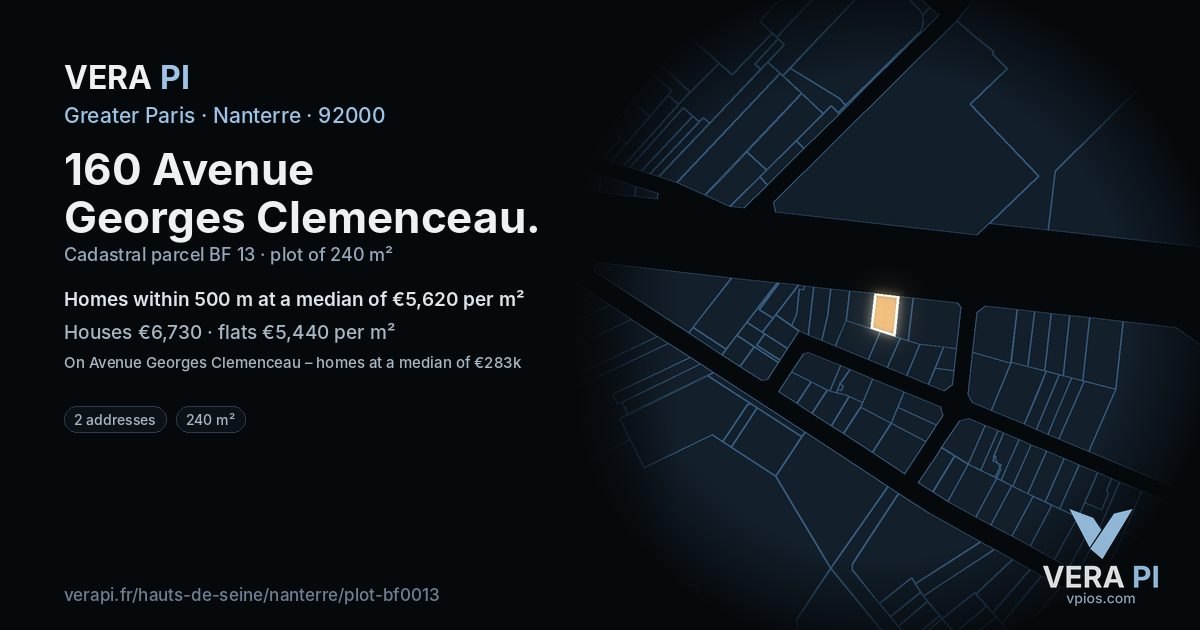 160 Avenue Georges Clemenceau, Nanterre at night – the plot lit, the parcels around coloured by the prices near them
