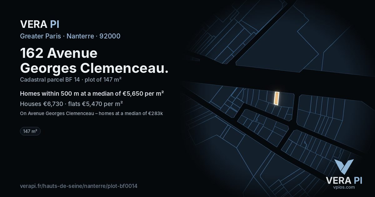 162 Avenue Georges Clemenceau, Nanterre at night – the plot lit, the parcels around coloured by the prices near them