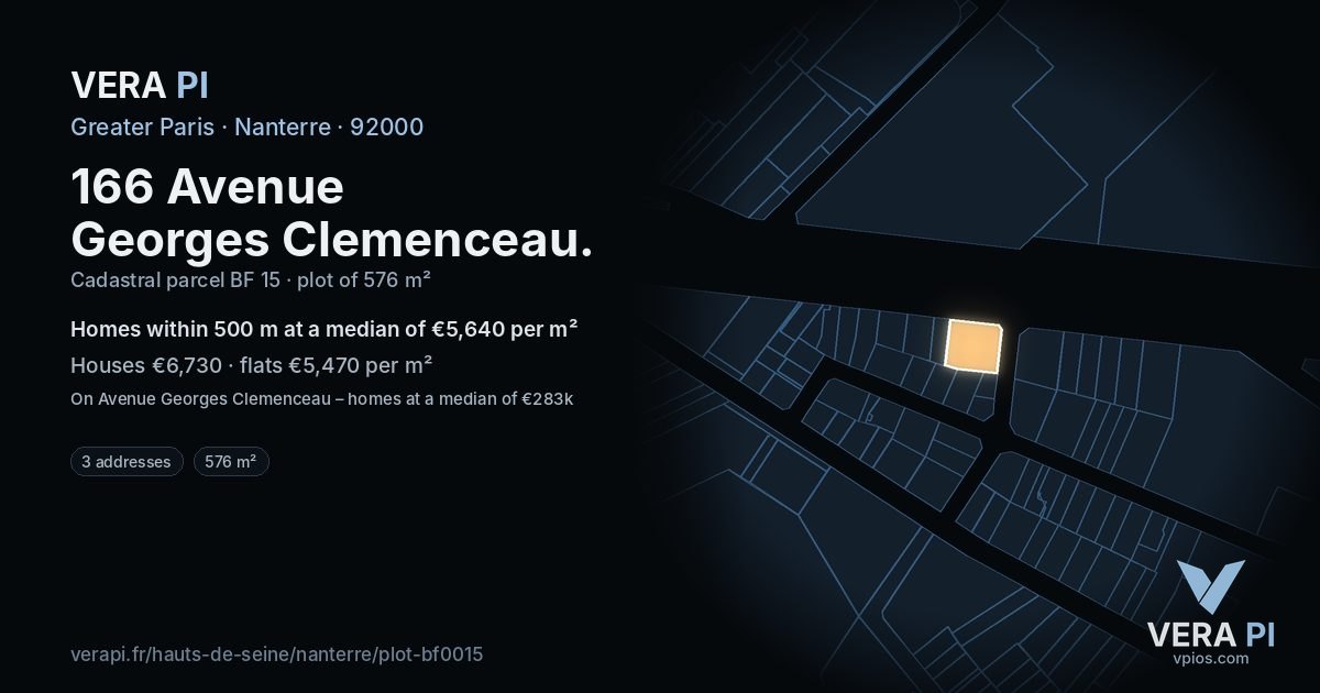 166 Avenue Georges Clemenceau, Nanterre at night – the plot lit, the parcels around coloured by the prices near them