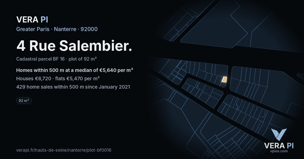 4 Rue Salembier, Nanterre at night – the plot lit, the parcels around coloured by the prices near them