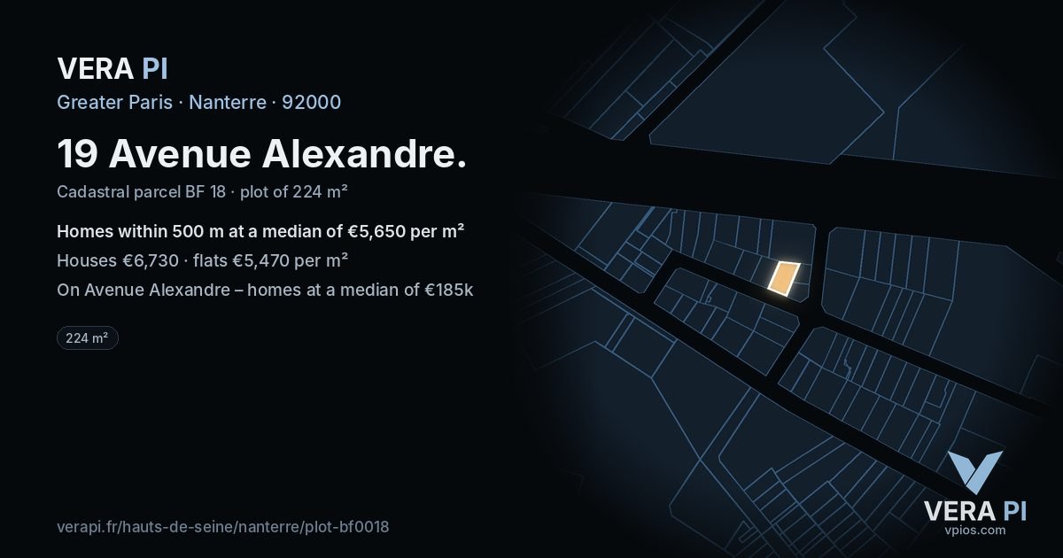 19 Avenue Alexandre, Nanterre at night – the plot lit, the parcels around coloured by the prices near them