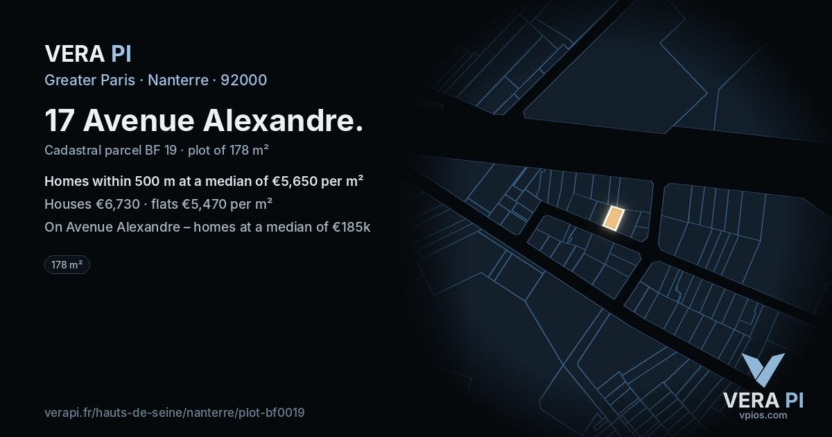 17 Avenue Alexandre, Nanterre at night – the plot lit, the parcels around coloured by the prices near them