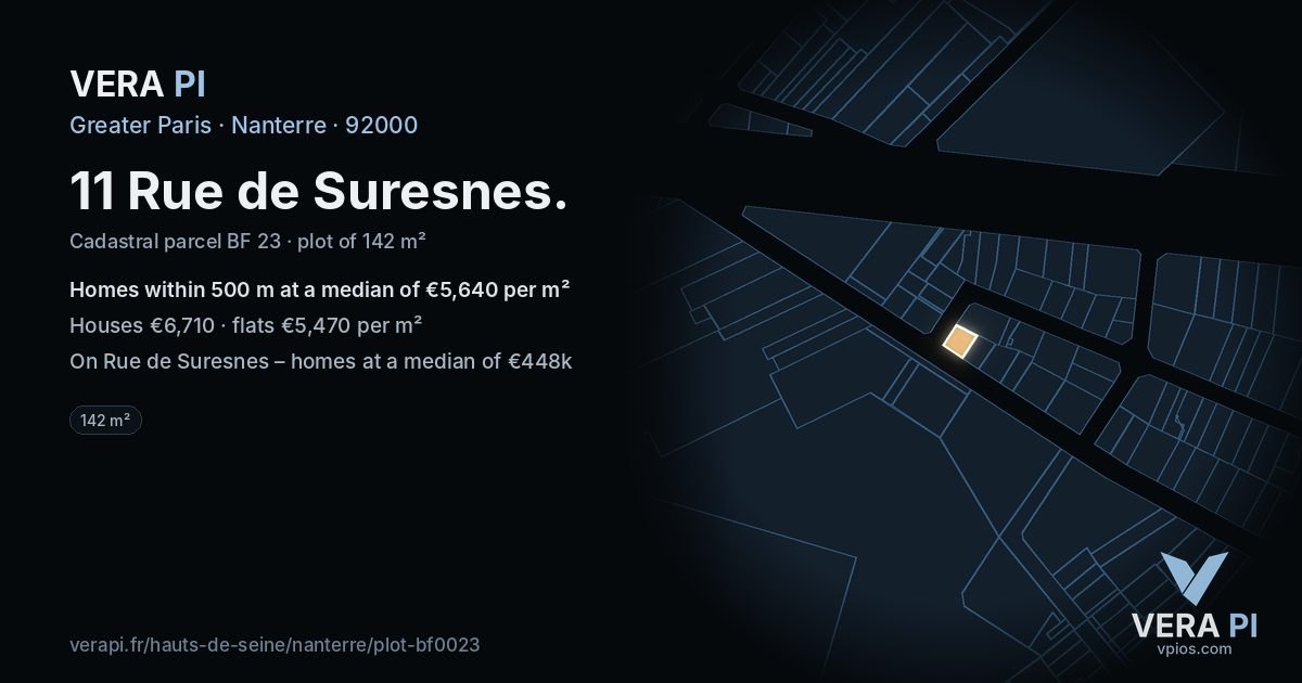 11 Rue de Suresnes, Nanterre at night – the plot lit, the parcels around coloured by the prices near them