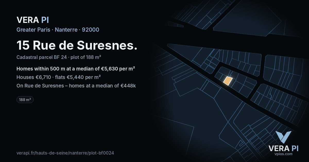 15 Rue de Suresnes, Nanterre at night – the plot lit, the parcels around coloured by the prices near them