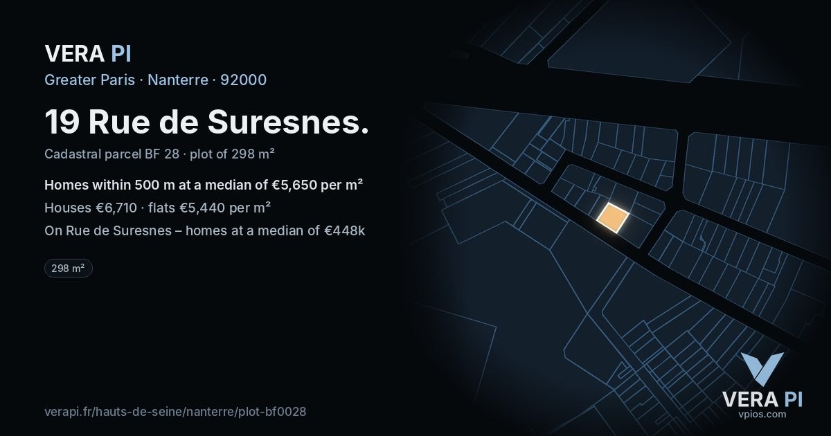 19 Rue de Suresnes, Nanterre at night – the plot lit, the parcels around coloured by the prices near them
