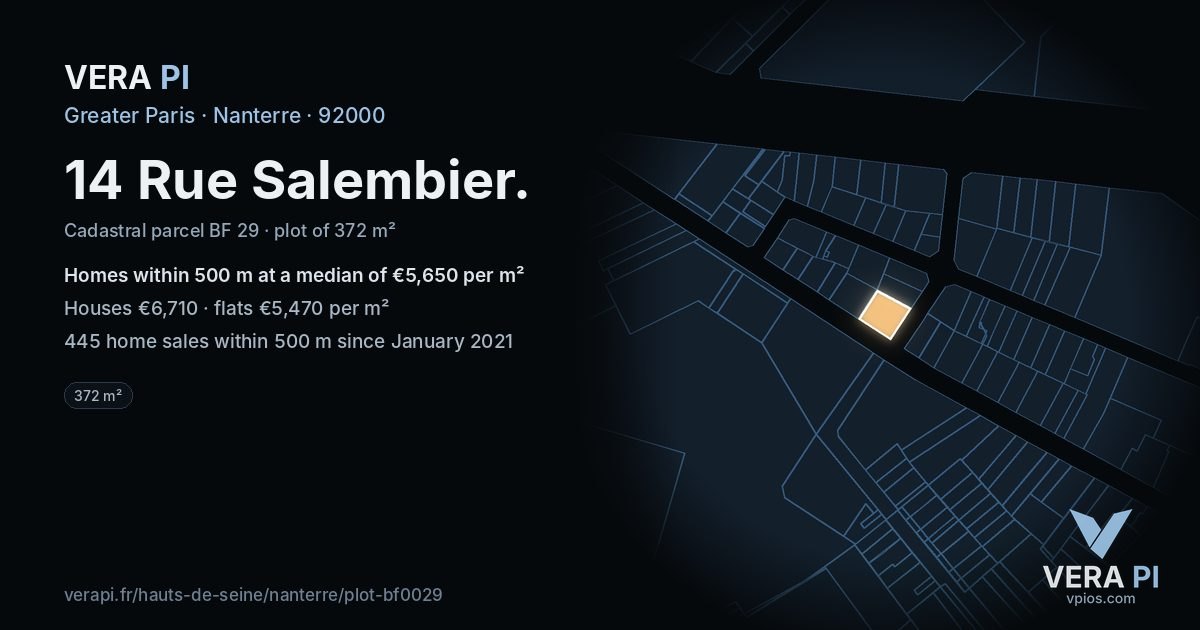 14 Rue Salembier, Nanterre at night – the plot lit, the parcels around coloured by the prices near them