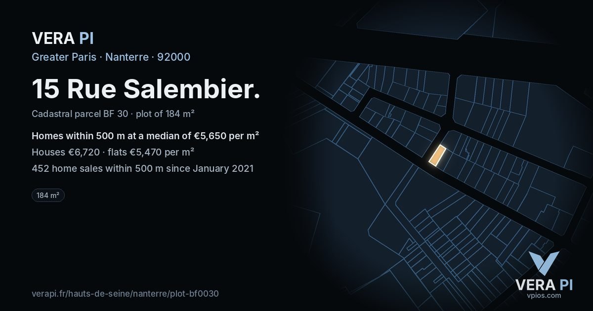 15 Rue Salembier, Nanterre at night – the plot lit, the parcels around coloured by the prices near them