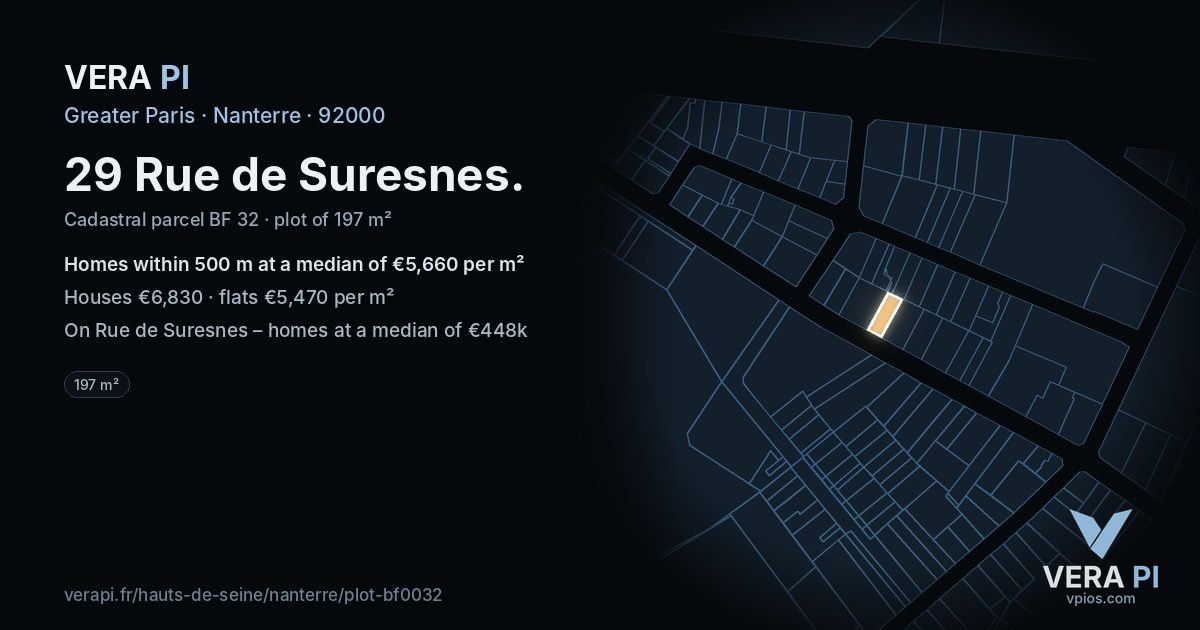 29 Rue de Suresnes, Nanterre at night – the plot lit, the parcels around coloured by the prices near them