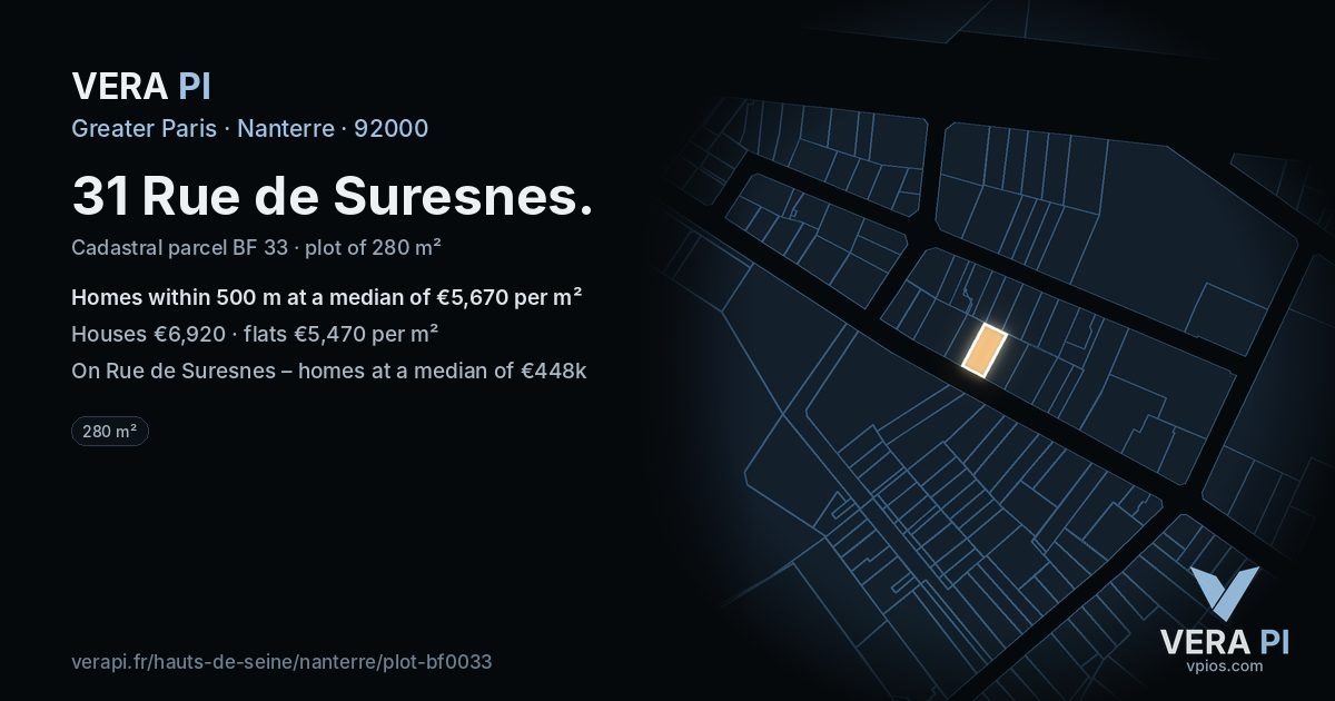 31 Rue de Suresnes, Nanterre at night – the plot lit, the parcels around coloured by the prices near them