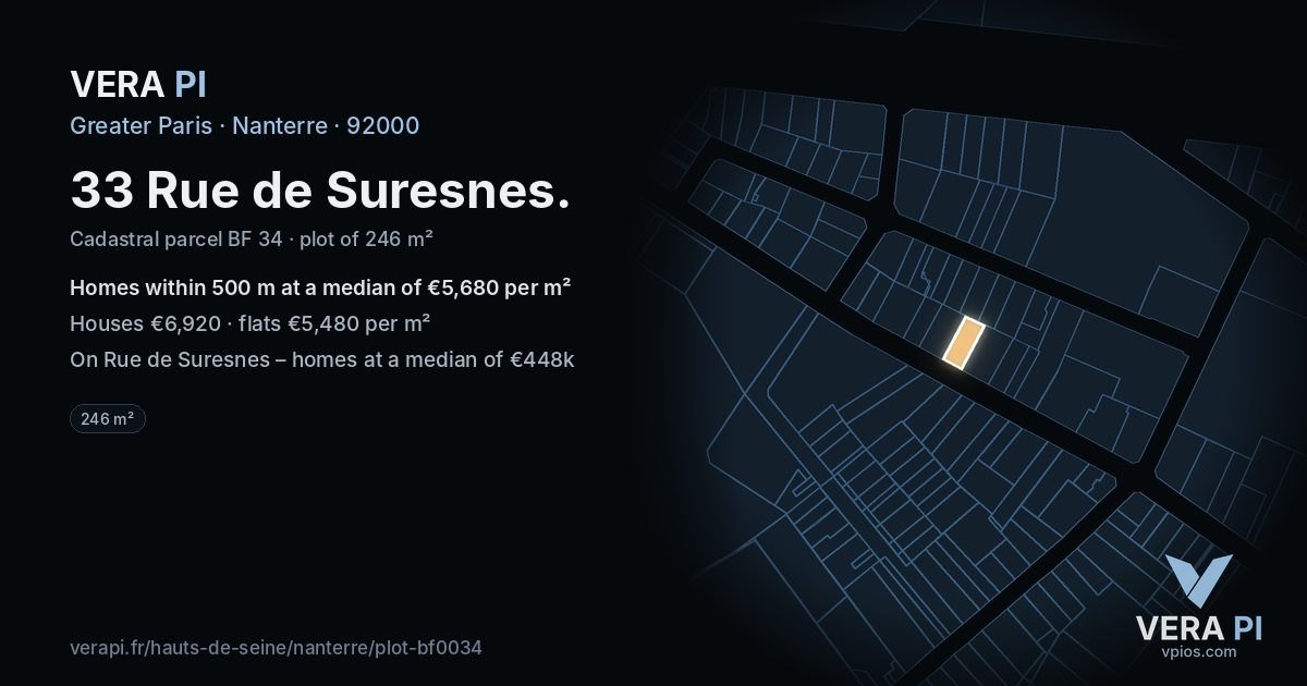 33 Rue de Suresnes, Nanterre at night – the plot lit, the parcels around coloured by the prices near them