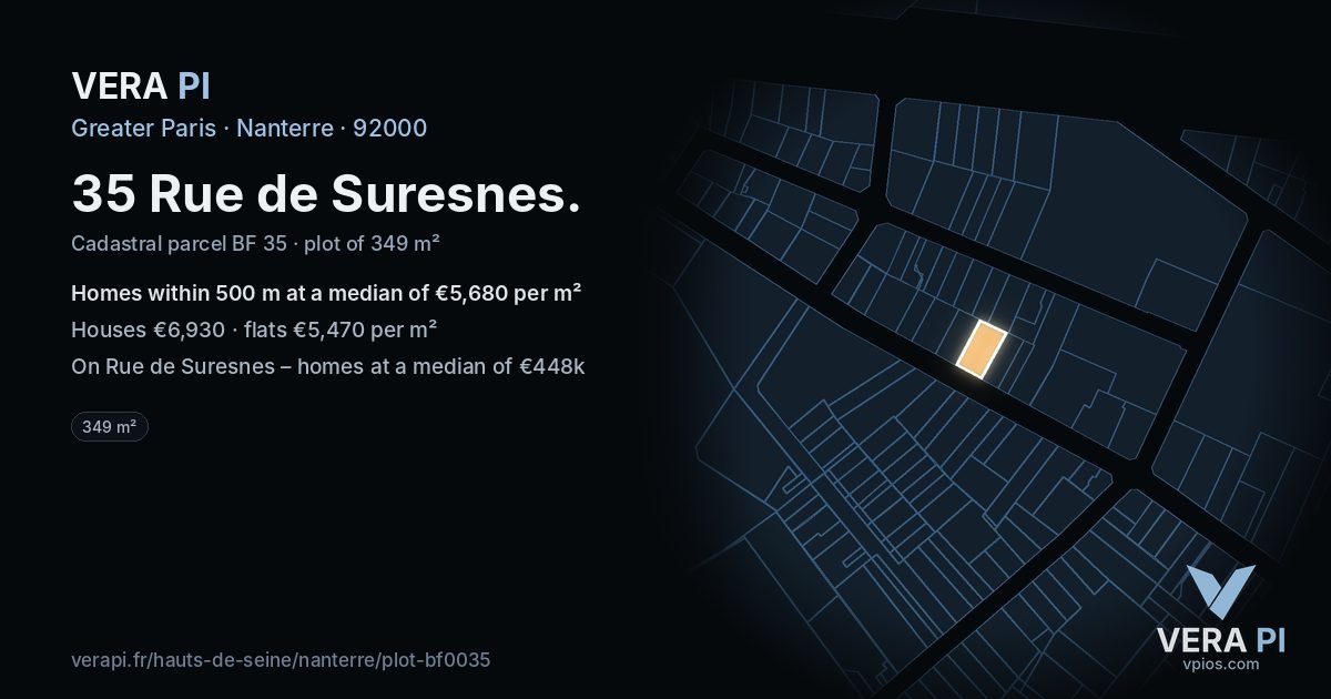 35 Rue de Suresnes, Nanterre at night – the plot lit, the parcels around coloured by the prices near them