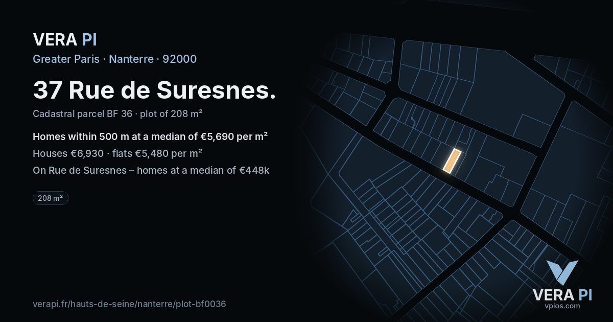 37 Rue de Suresnes, Nanterre at night – the plot lit, the parcels around coloured by the prices near them