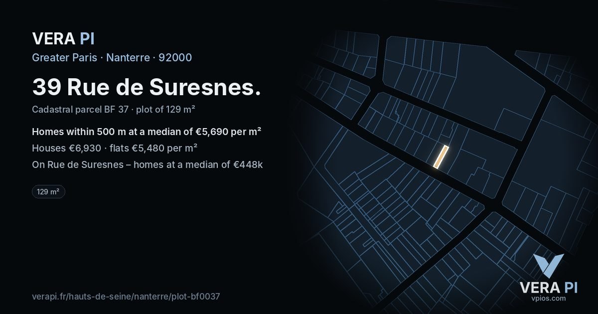 39 Rue de Suresnes, Nanterre at night – the plot lit, the parcels around coloured by the prices near them
