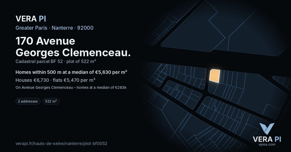 170 Avenue Georges Clemenceau, Nanterre at night – the plot lit, the parcels around coloured by the prices near them