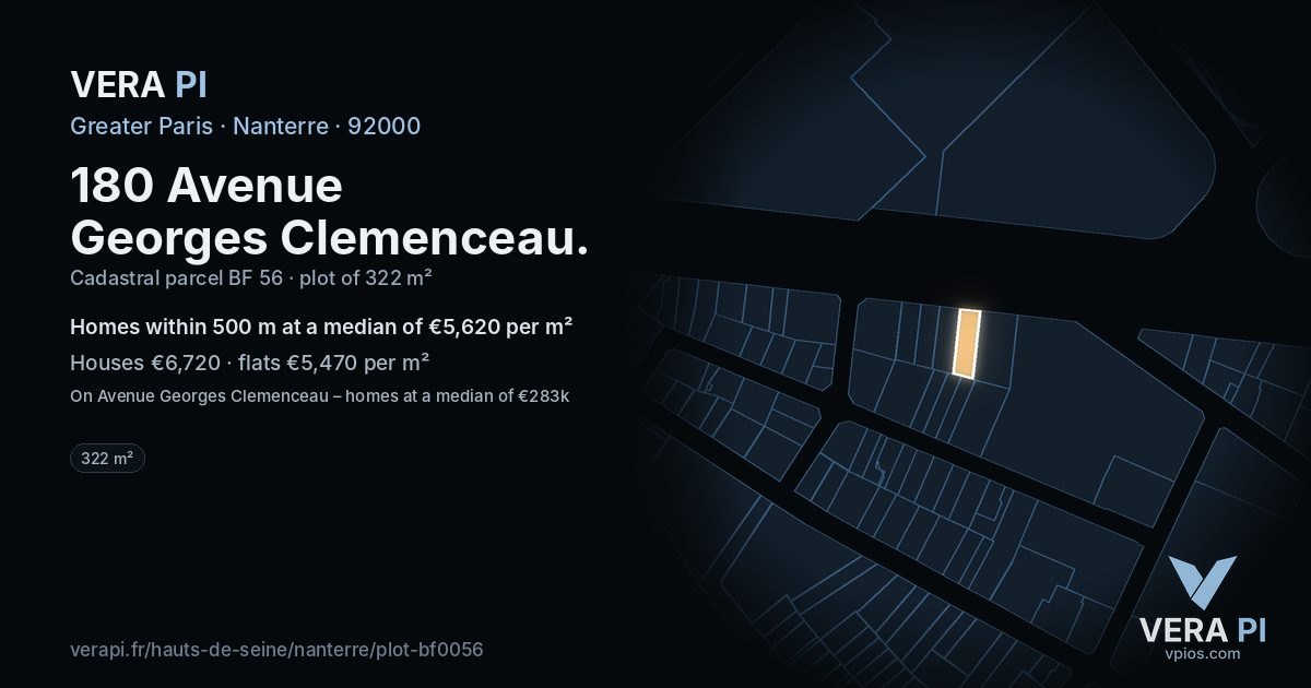 180 Avenue Georges Clemenceau, Nanterre at night – the plot lit, the parcels around coloured by the prices near them