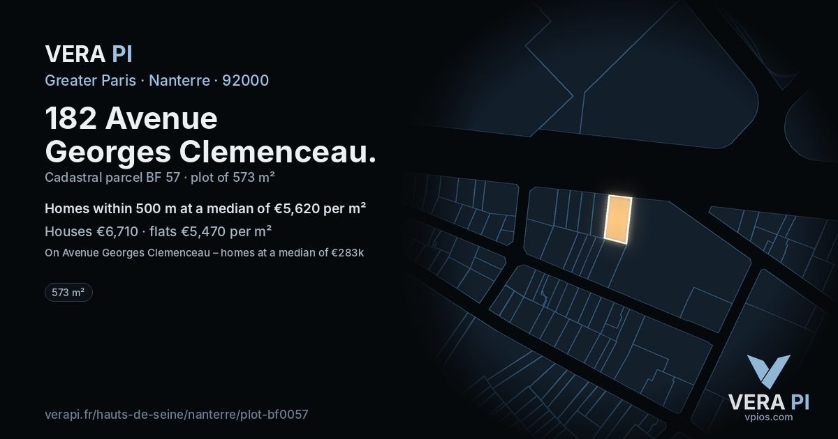 182 Avenue Georges Clemenceau, Nanterre at night – the plot lit, the parcels around coloured by the prices near them