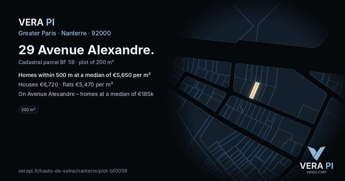 29 Avenue Alexandre, Nanterre at night – the plot lit, the parcels around coloured by the prices near them