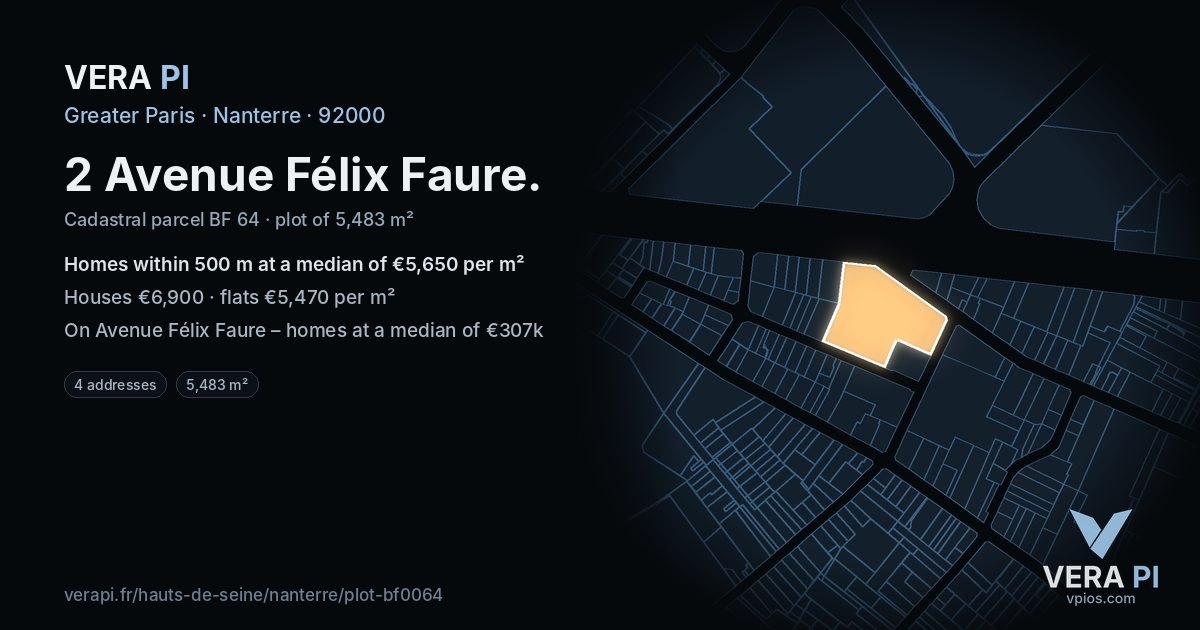 2 Avenue Félix Faure, Nanterre at night – the plot lit, the parcels around coloured by the prices near them