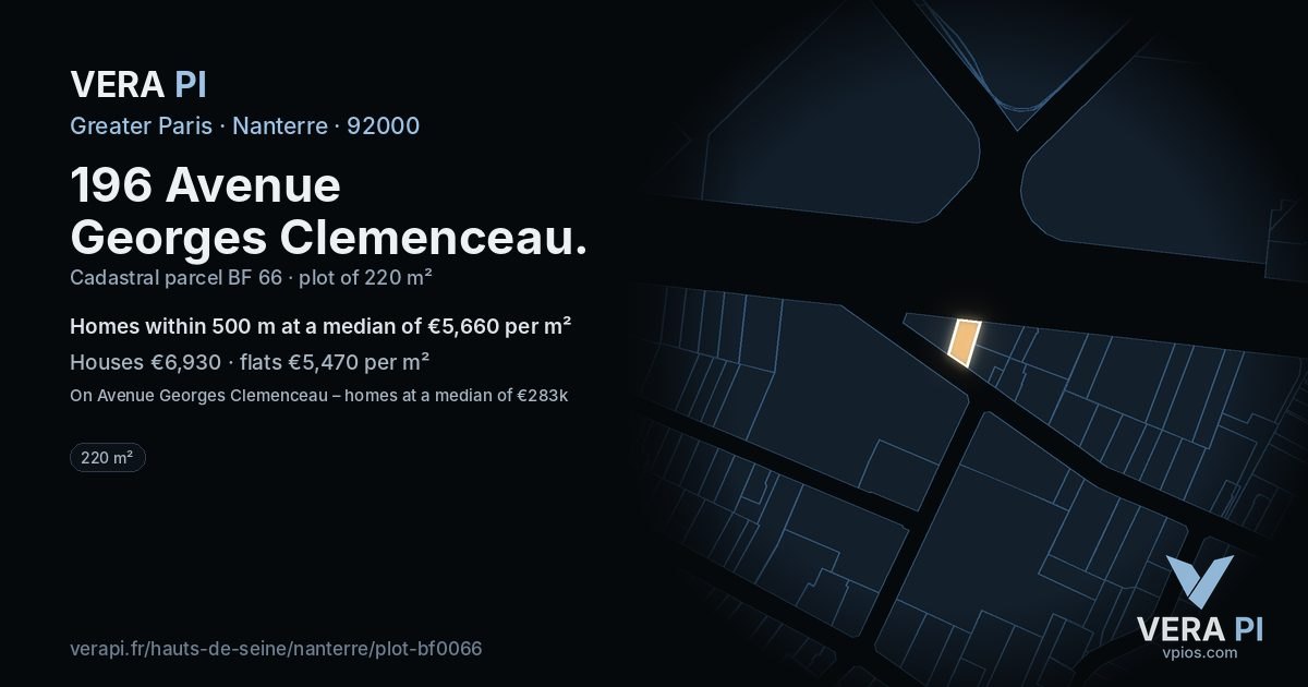 196 Avenue Georges Clemenceau, Nanterre at night – the plot lit, the parcels around coloured by the prices near them