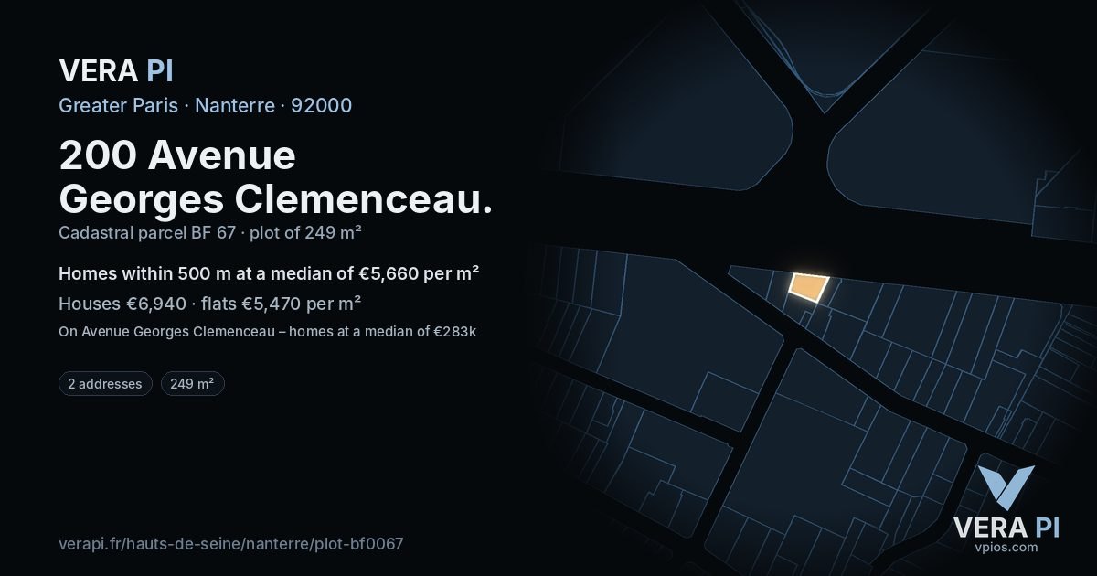 200 Avenue Georges Clemenceau, Nanterre at night – the plot lit, the parcels around coloured by the prices near them