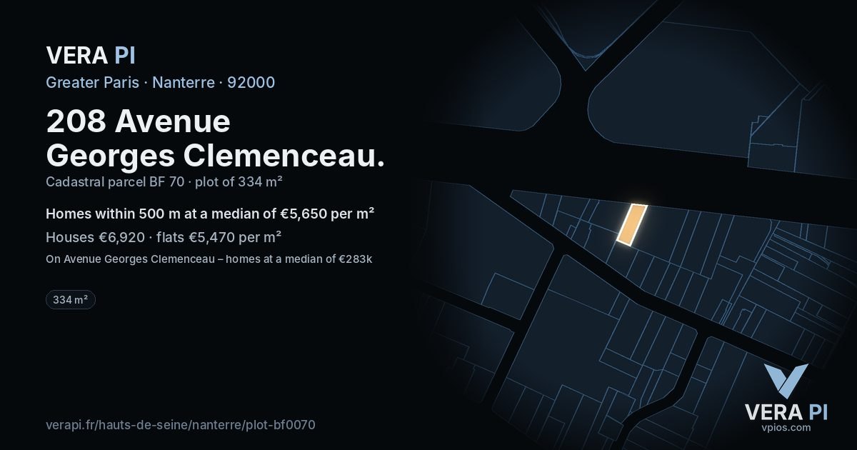 208 Avenue Georges Clemenceau, Nanterre at night – the plot lit, the parcels around coloured by the prices near them