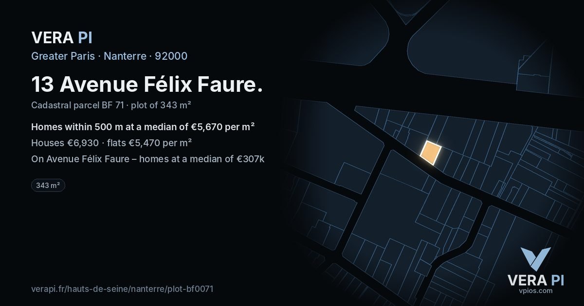 13 Avenue Félix Faure, Nanterre at night – the plot lit, the parcels around coloured by the prices near them